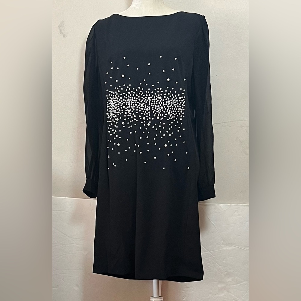 NWT Karl Lagerfeld Paris Embellished Sheer Sleeve Dress, Black. Size 16.
